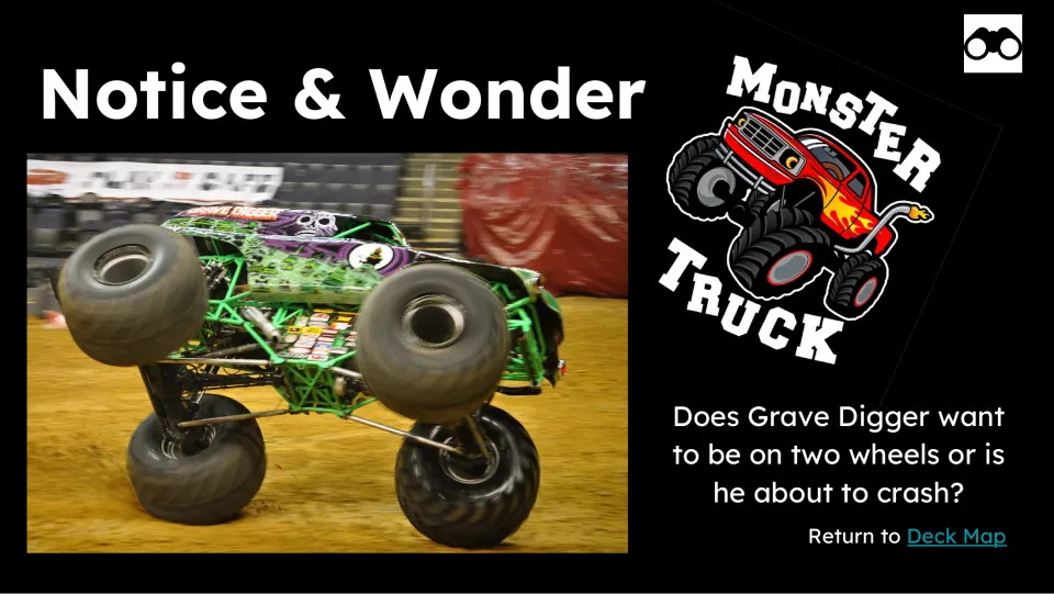 Notice & Wonder slide asks whether Grave Digger wants to be on two wheels or is about to crash in the photo
