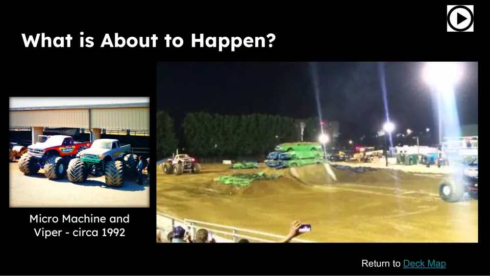 Video prediction slide asks what is about to happen and shows Micro Machine and Viper, labeled circa 1992