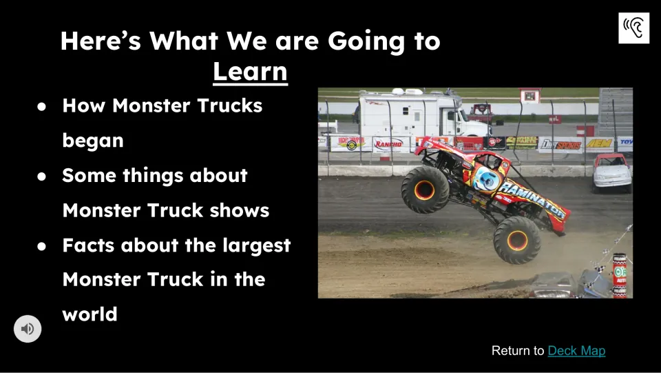 Learning preview lists how monster trucks began, facts about their shows, and the world's largest monster truck