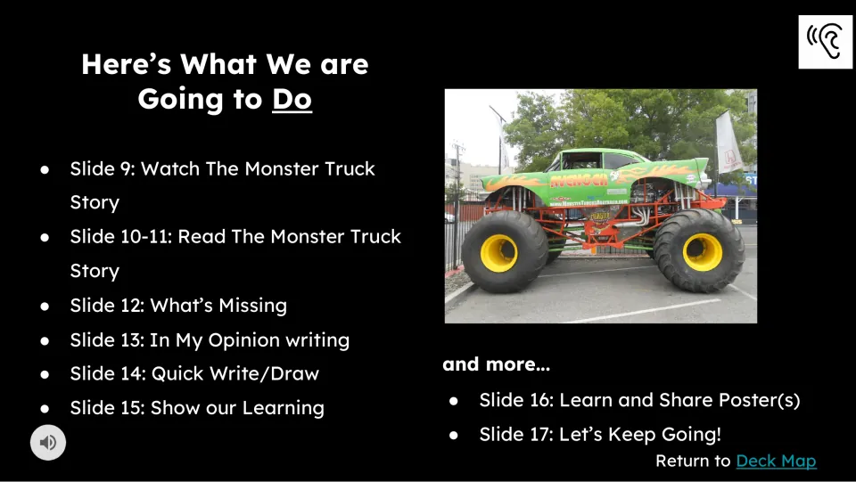 Activity preview lists slides 9–17: video, reading, What's Missing, opinion writing, quick write, and more