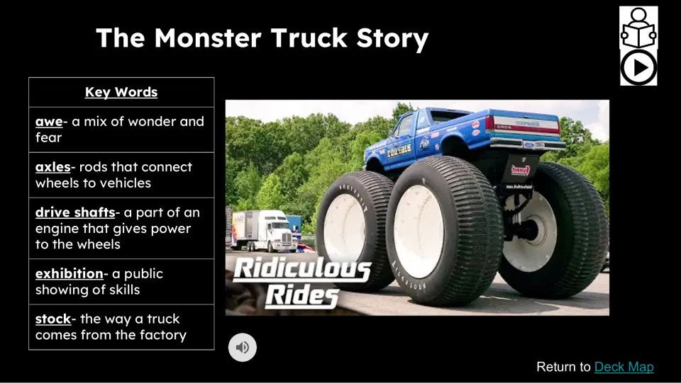 Vocabulary and video slide introduces The Monster Truck Story with awe, axles, drive shafts, exhibition, and stock