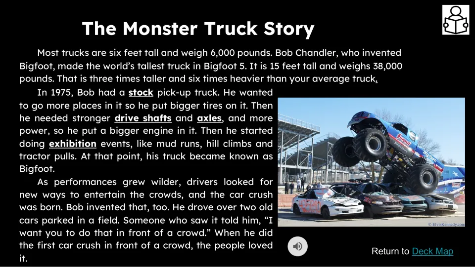 Opening reading passage explains Bob Chandler's Bigfoot, truck modifications, and the origins of car crushing