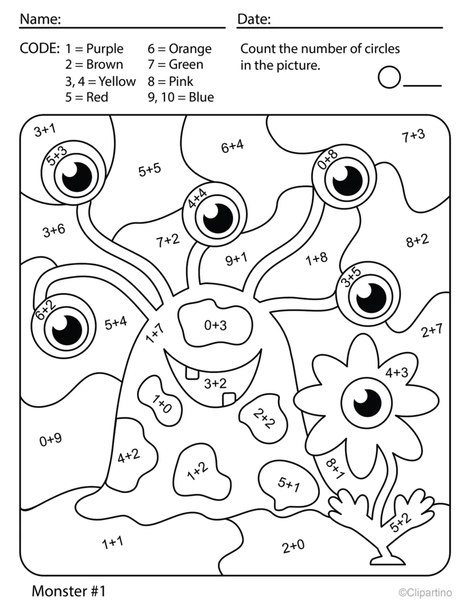 Monster #1 color by code: students solve sums to 10 such as 3+1 and 6+4, color each part by the key, then count circles