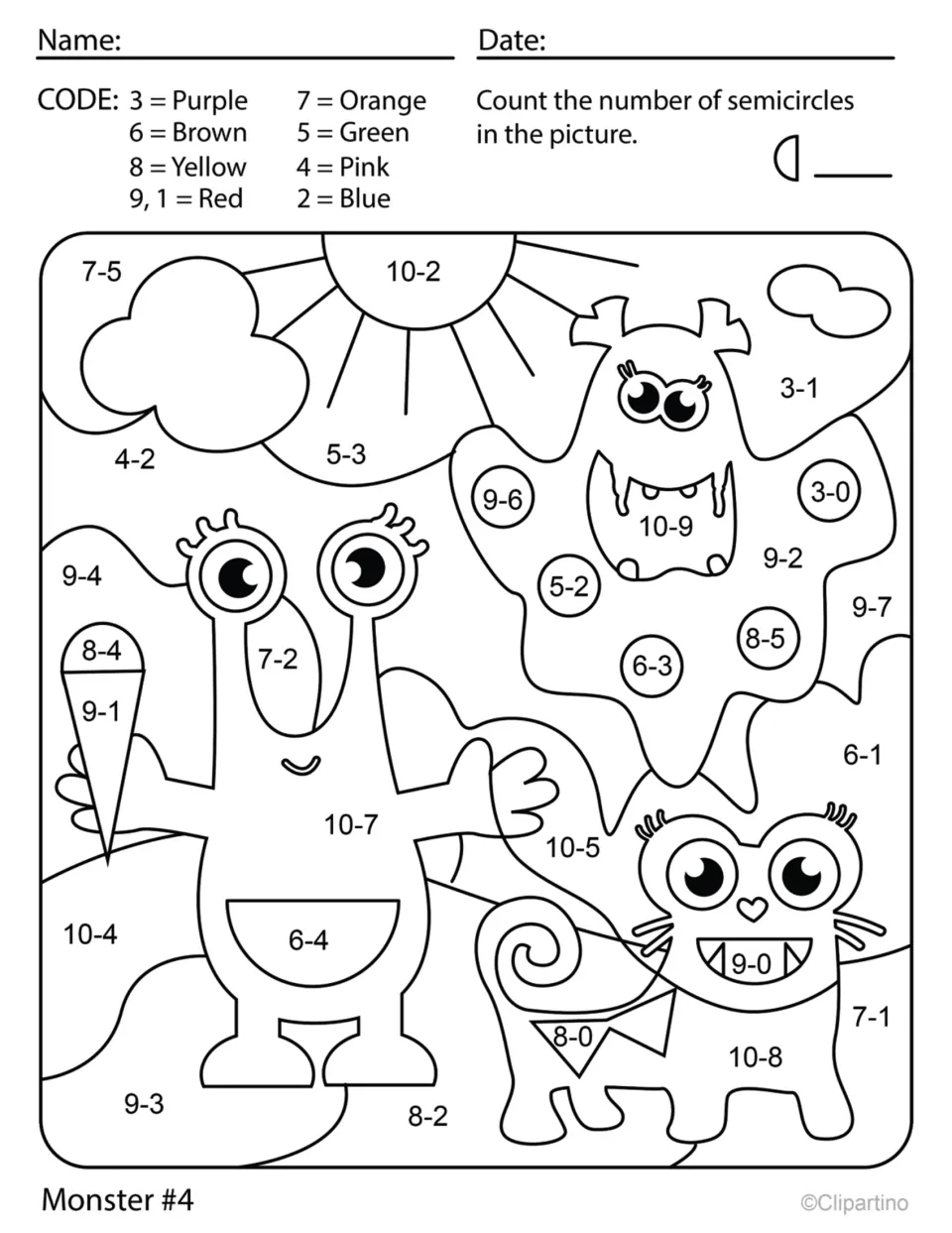 Monster #4 subtraction color by code: students solve facts within 10, color by the answer code, then count semicircles