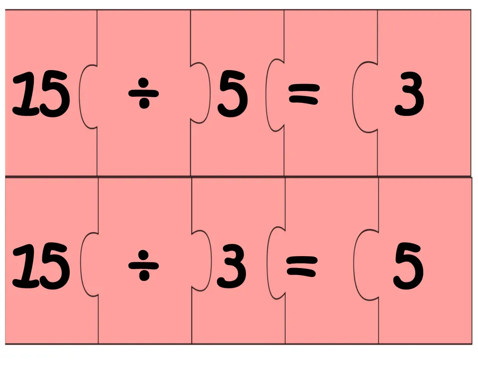 Division puzzle sheet: two five-piece number sentences, 15 ÷ 5 = 3 and 15 ÷ 3 = 5, for the 3, 5, 15 fact family