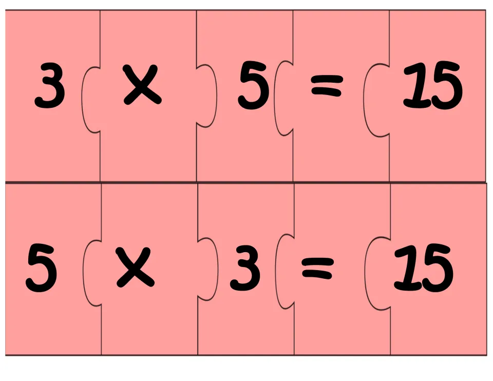 Multiplication puzzle sheet: two five-piece number sentences, 3 × 5 = 15 and 5 × 3 = 15, using related facts