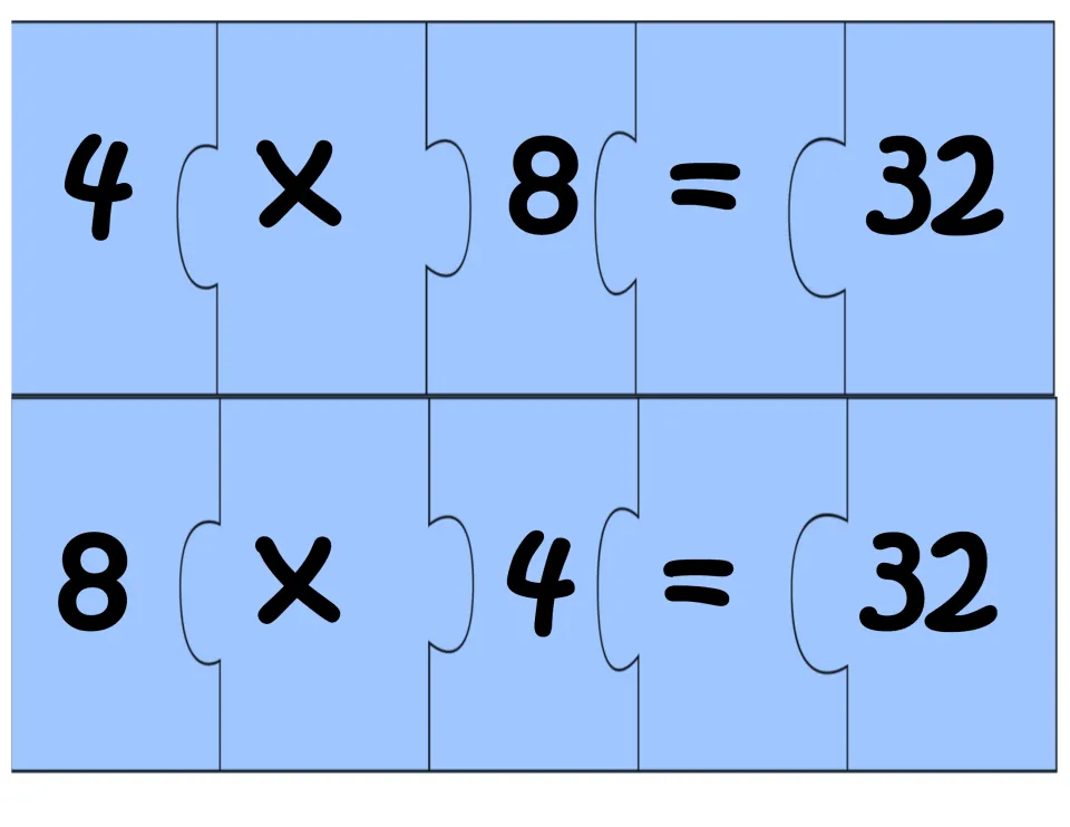 Multiplication puzzle sheet: two five-piece number sentences, 4 × 8 = 32 and 8 × 4 = 32, using related facts