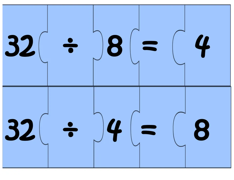 Division puzzle sheet: two five-piece number sentences, 32 ÷ 8 = 4 and 32 ÷ 4 = 8, for the 4, 8, 32 fact family
