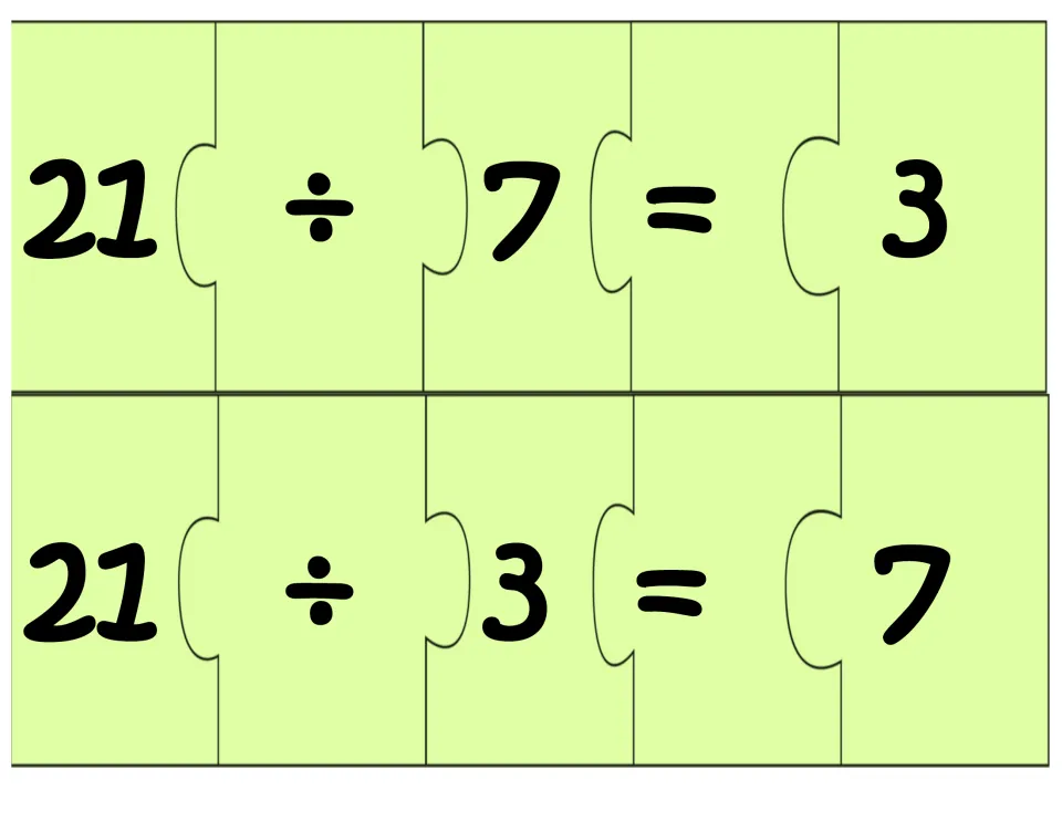 Division puzzle sheet: two five-piece number sentences, 21 ÷ 7 = 3 and 21 ÷ 3 = 7, for the 3, 7, 21 fact family