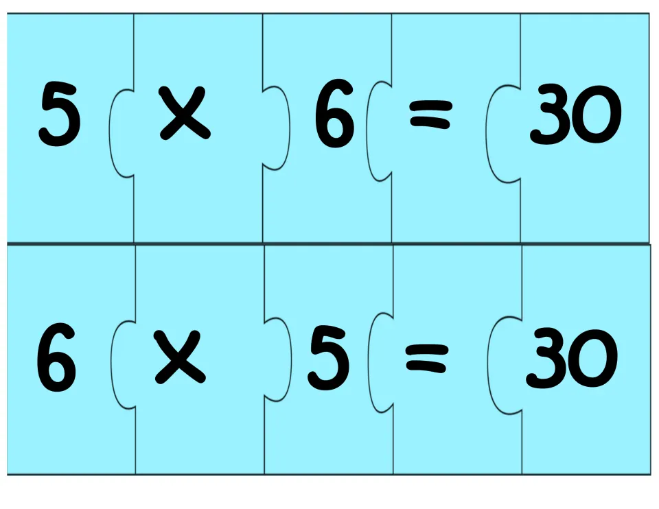 Multiplication puzzle sheet: two five-piece number sentences, 5 × 6 = 30 and 6 × 5 = 30, using related facts