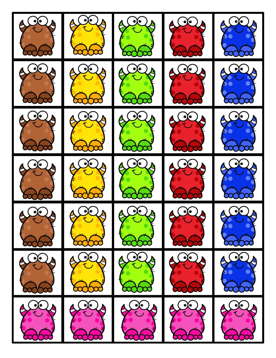 Monster pattern cards: 35 cut-out monsters in brown, yellow, green, red, blue and pink for building color patterns