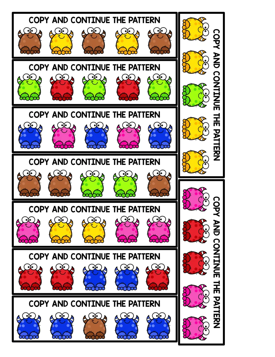 Copy and continue the pattern: students extend AB, AABB and other color patterns on nine monster strips
