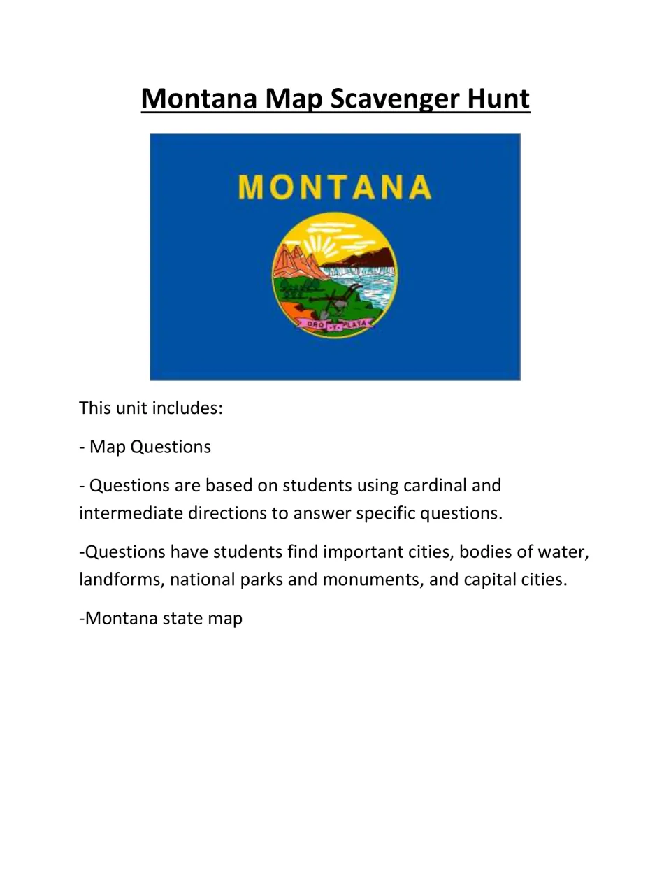 Cover of the Montana Map Scavenger Hunt, listing map questions, direction practice, and a state map.