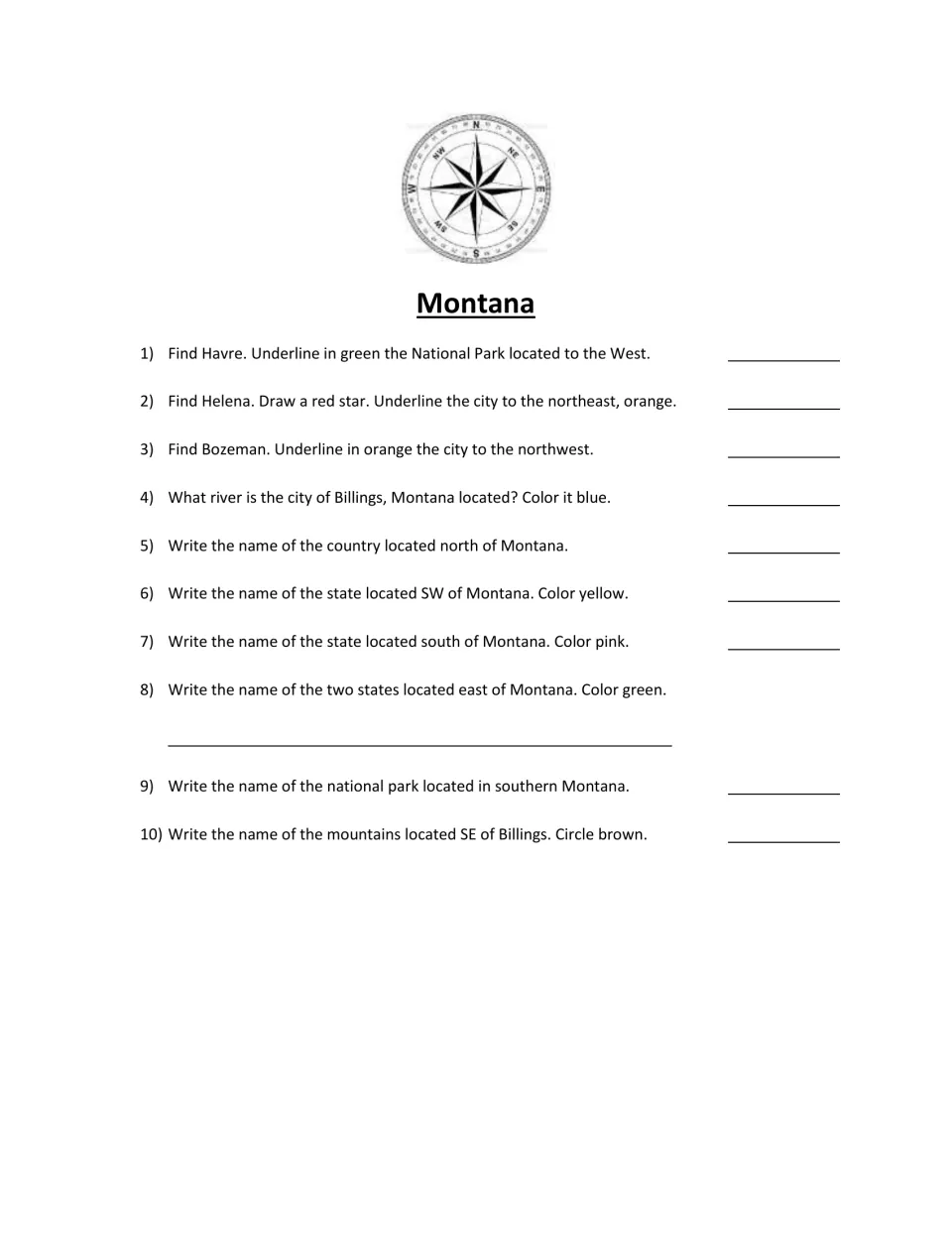 Scavenger hunt questions 1–10 ask students to locate Montana cities, rivers, parks, and neighboring states.