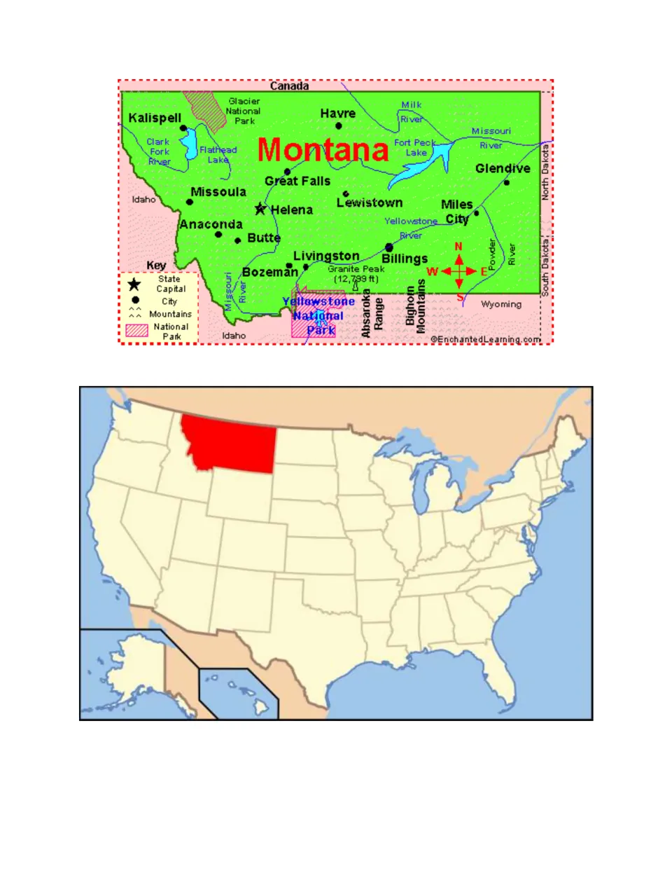 Reference maps for the scavenger hunt show Montana's cities, rivers, parks, and location within the U.S.