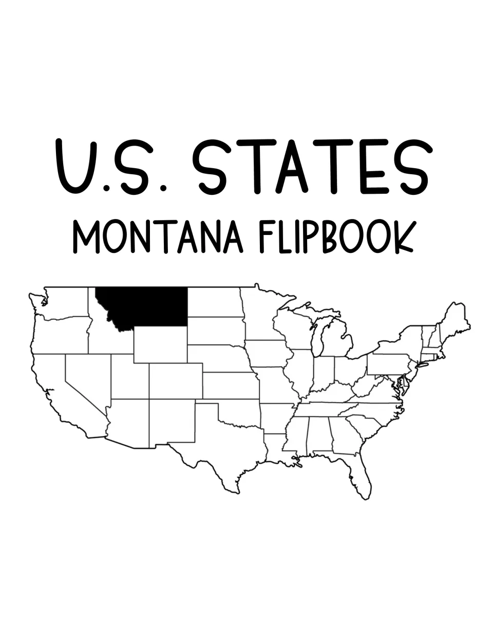 U.S. States Montana Flipbook cover showing a United States map with Montana shaded black among the outlined states