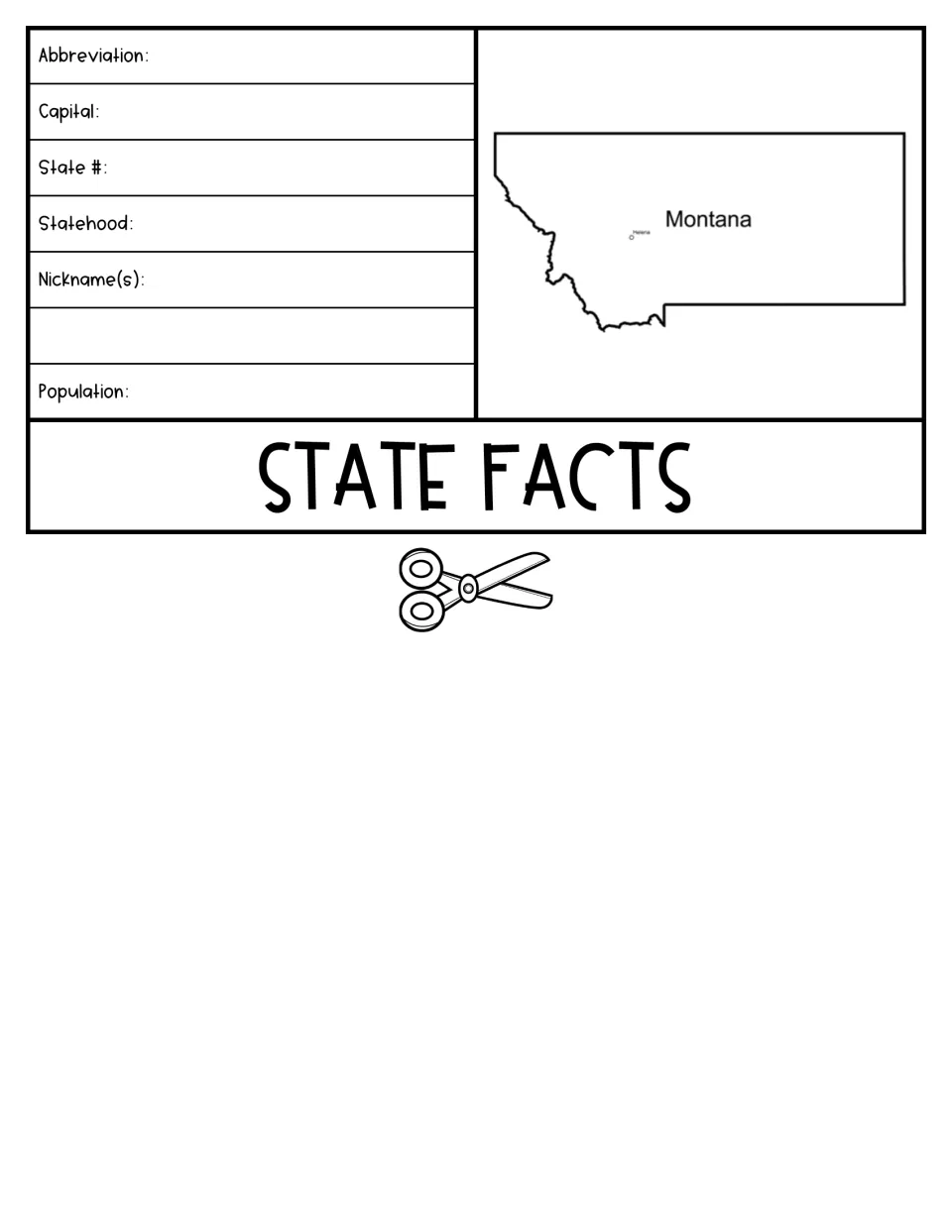 State facts flap: students record Montana's abbreviation, capital, state number, statehood, nicknames and population
