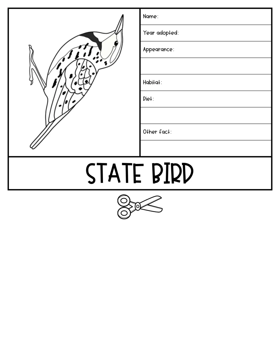 State bird flap with a bird drawing: students note its name, year adopted, appearance, habitat, diet and another fact