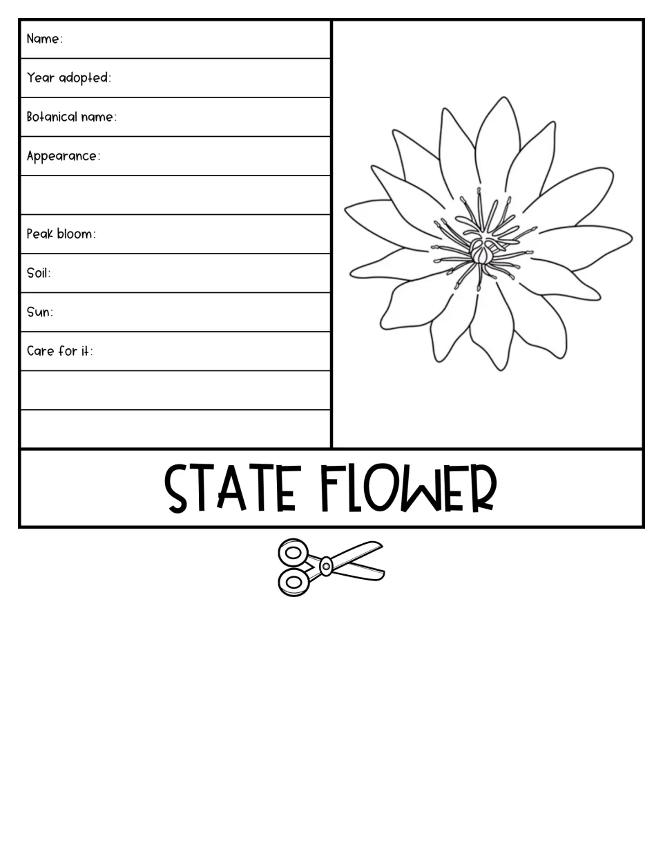State flower flap: students record name, year adopted, botanical name, appearance, peak bloom, soil, sun and plant care