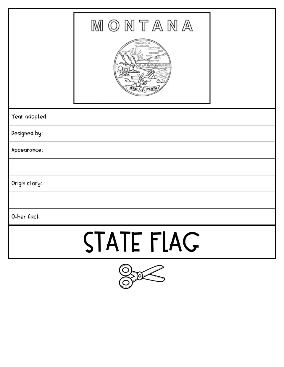 State flag flap showing the Montana flag with its Oro y Plata seal; students note year adopted, designer and origin story
