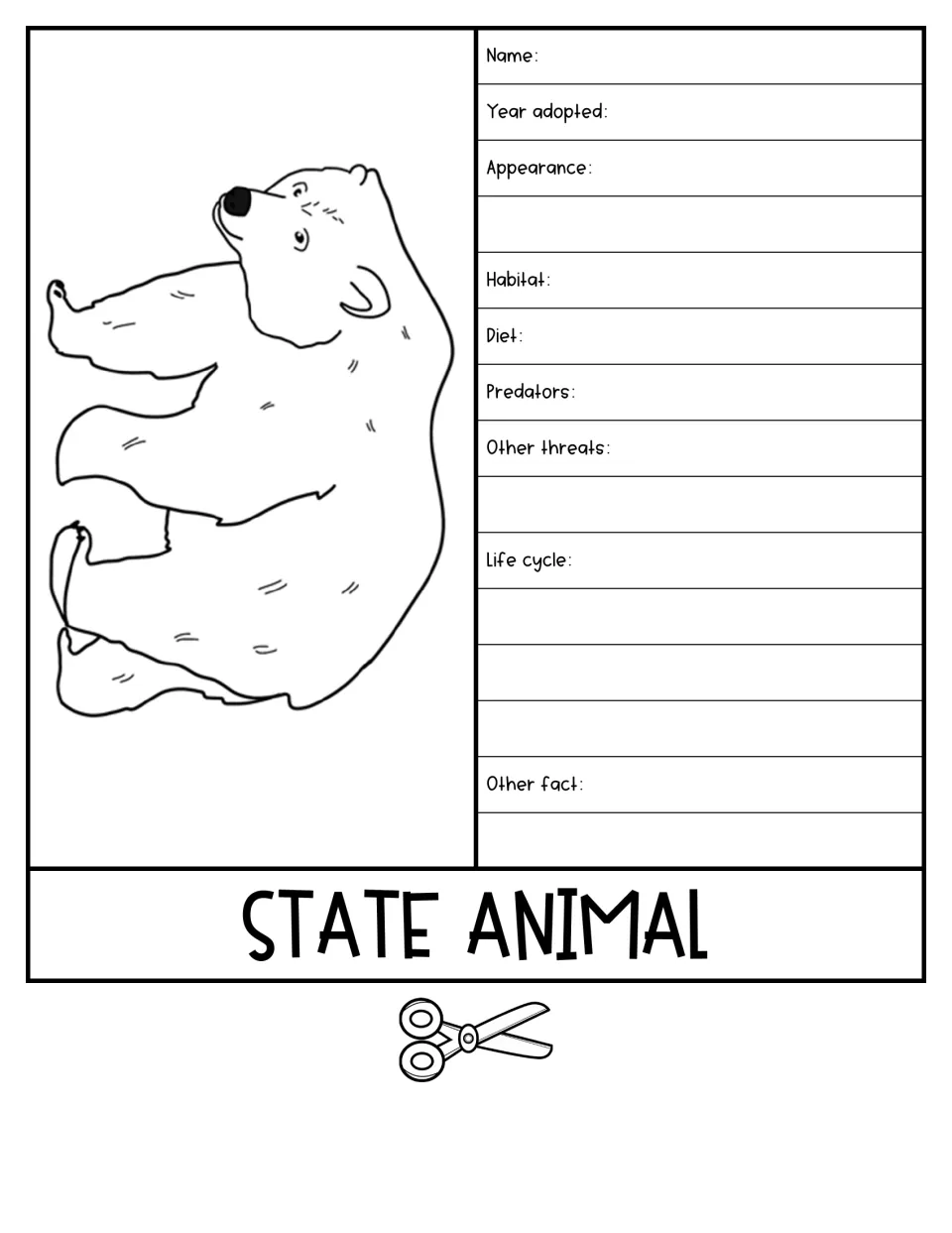 State animal flap with a bear drawing: students record name, habitat, diet, predators, other threats, life cycle and a fact