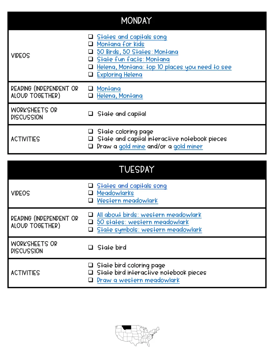 Monday and Tuesday plans: Helena and the western meadowlark, with video and reading links, worksheets and drawing tasks