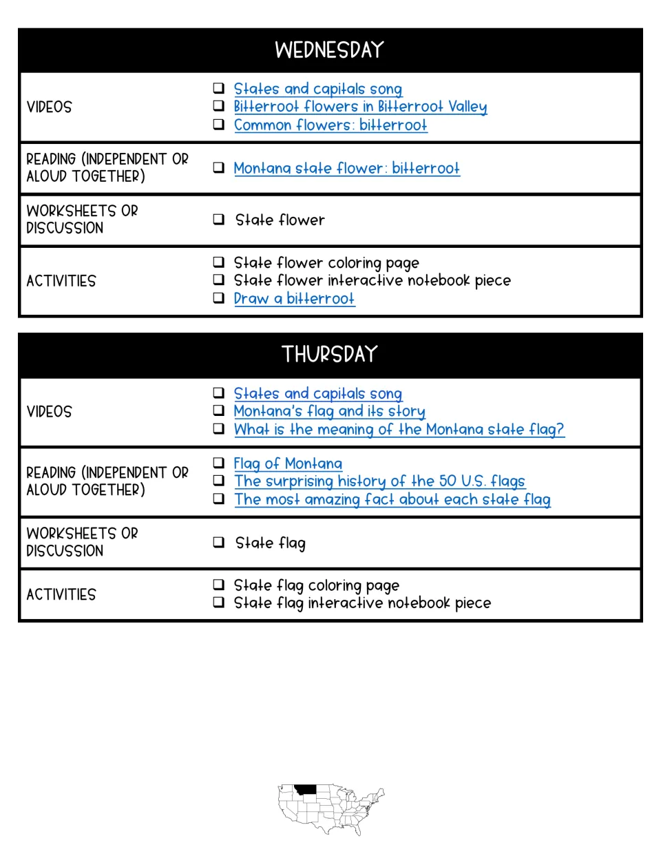 Wednesday and Thursday plans: the bitterroot flower and Montana flag, with videos, readings, coloring and notebook tasks