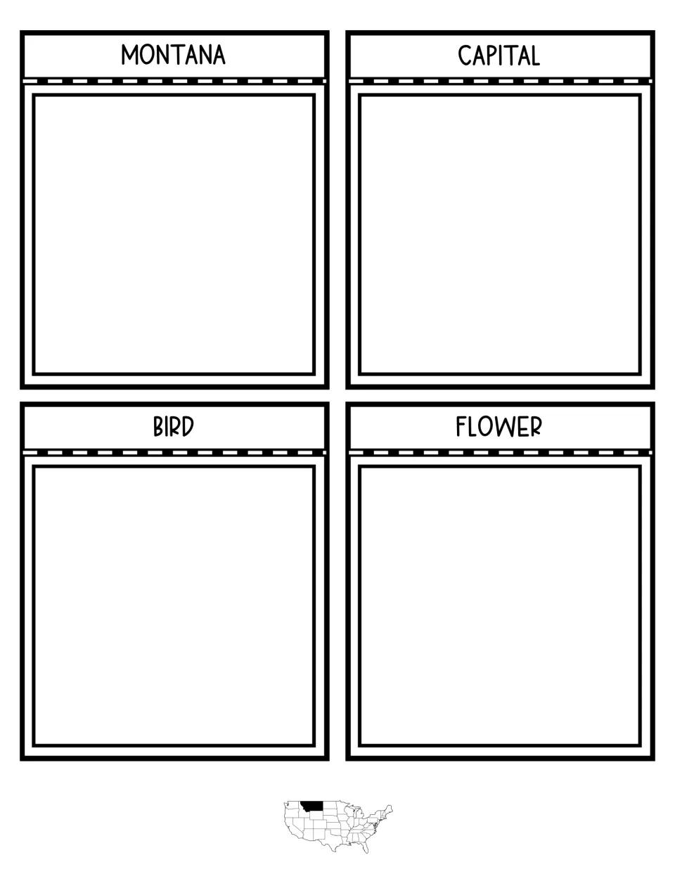 Interactive notebook flaps labeled Montana, Capital, Bird and Flower, each with a dashed fold and blank space for notes