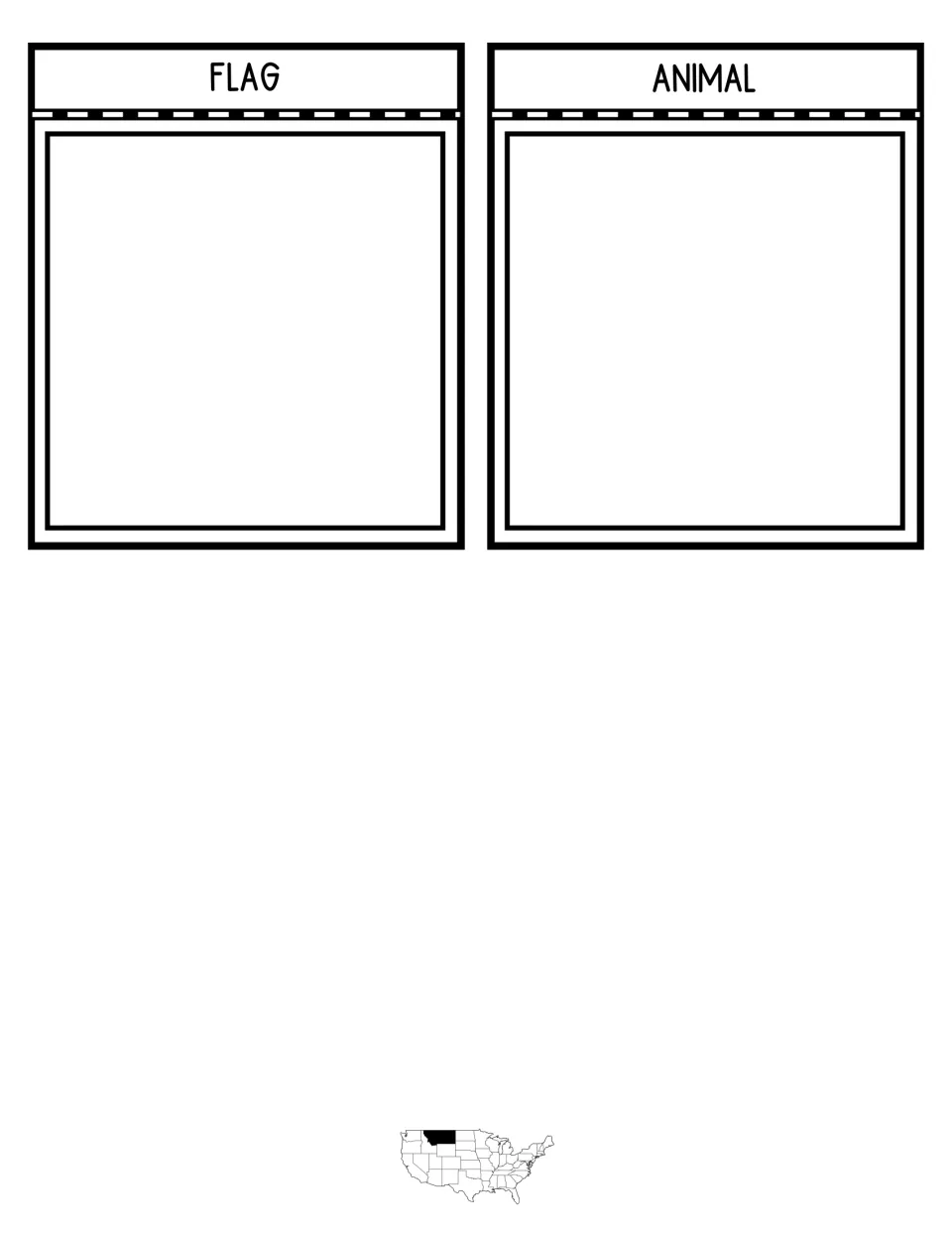 Interactive notebook flaps labeled Flag and Animal, each with a dashed fold and a blank area for drawing or writing facts