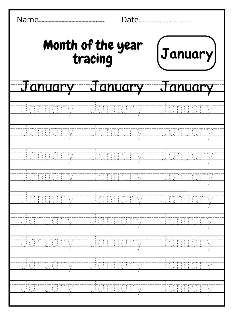 Month of the year tracing, January: students trace the word January 27 times in dotted print after three solid models