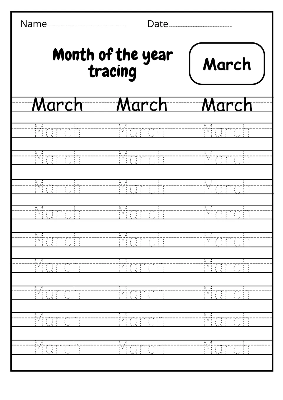 March handwriting practice: students trace 27 dotted copies of March after studying three bold models of the word