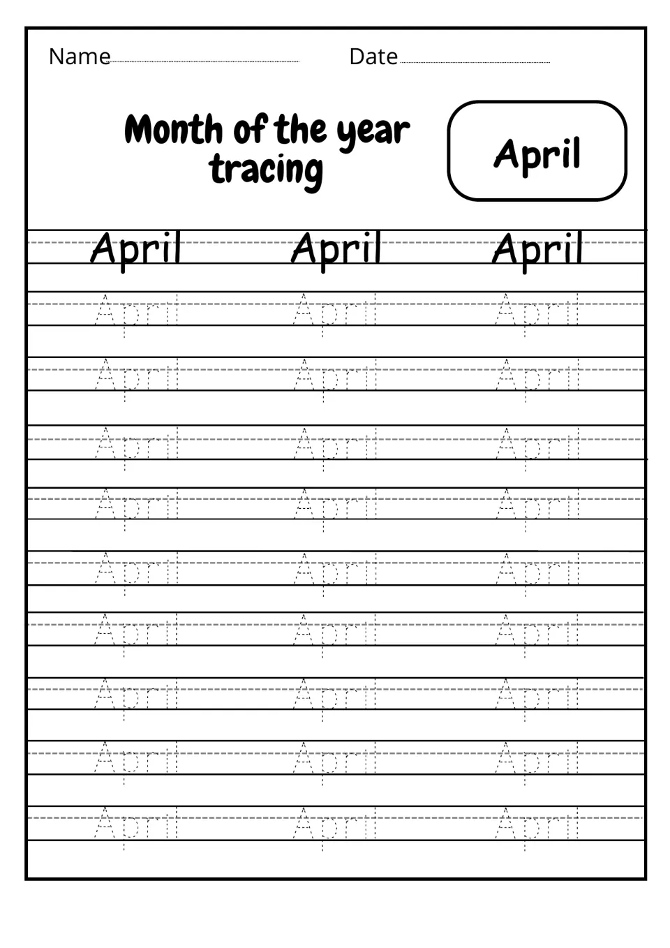 April tracing page for month names: students follow dotted letters to write April 27 times beneath three bold samples