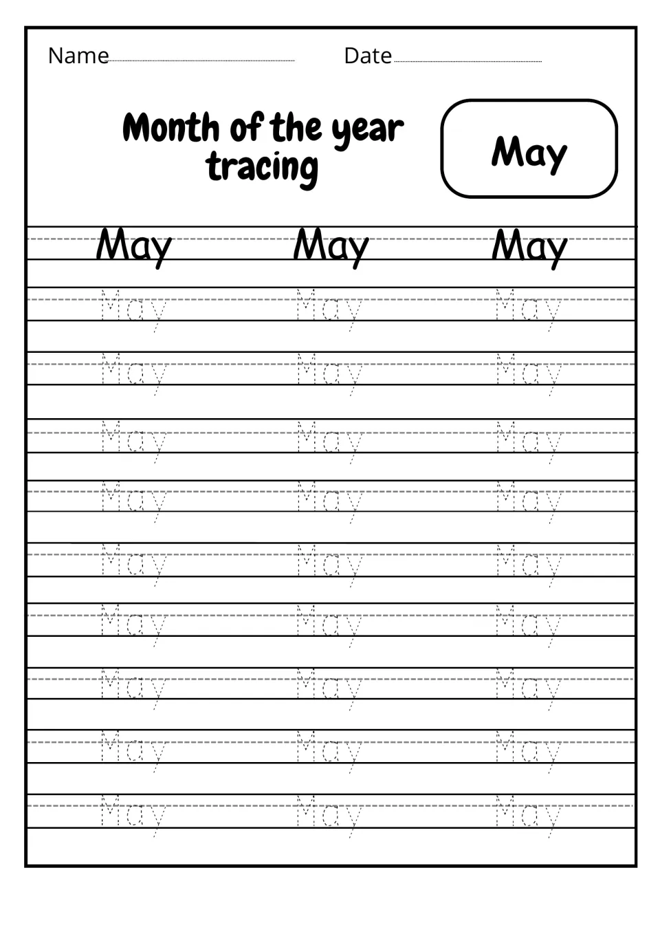 May month-name tracing: students trace the short word May 27 times in dotted print, starting with a capital M