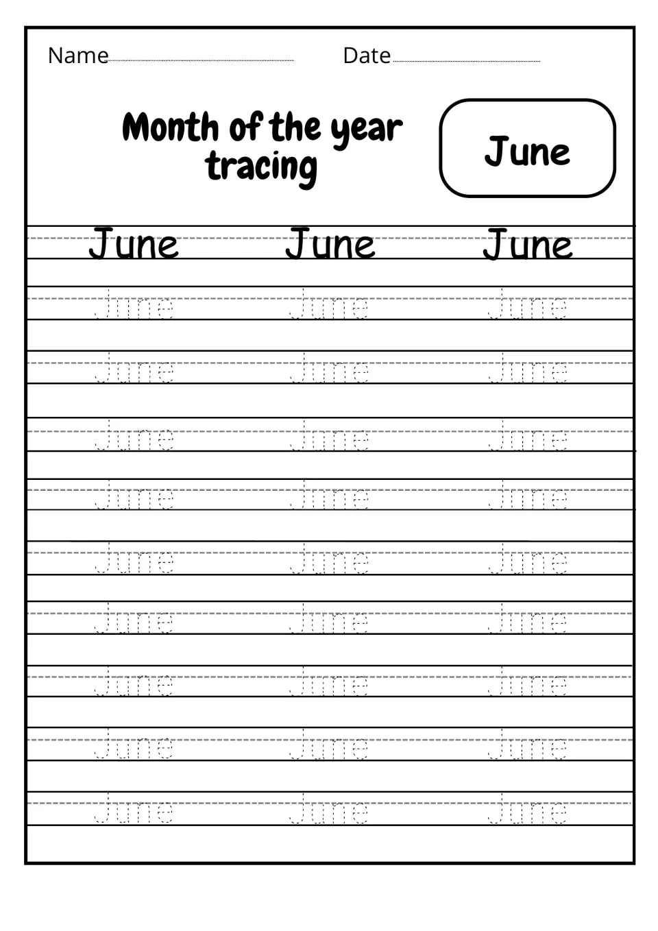 June month-name handwriting: students trace June in dotted print across nine rows, 27 copies after three bold models