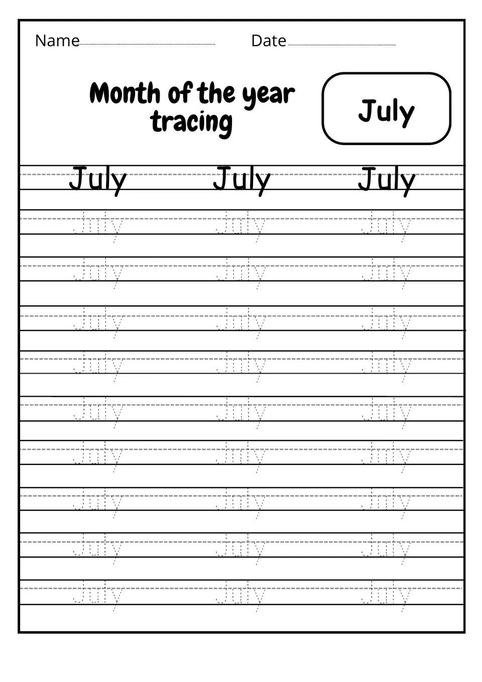 July tracing practice: students trace dotted July 27 times, practicing the capital J and the tail of the y