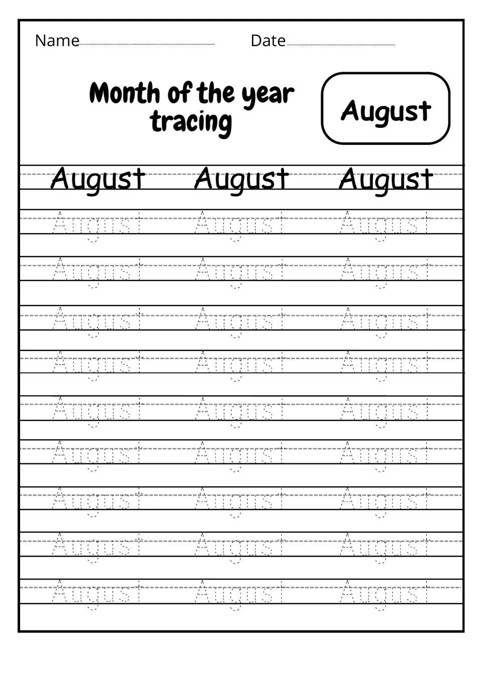 August month-name tracing: students trace August 27 times, practicing the descender g and the crossed letter t