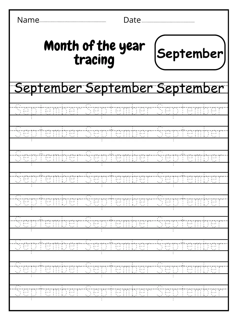 September tracing, a nine-letter month name: students trace dotted September 27 times after three bold models