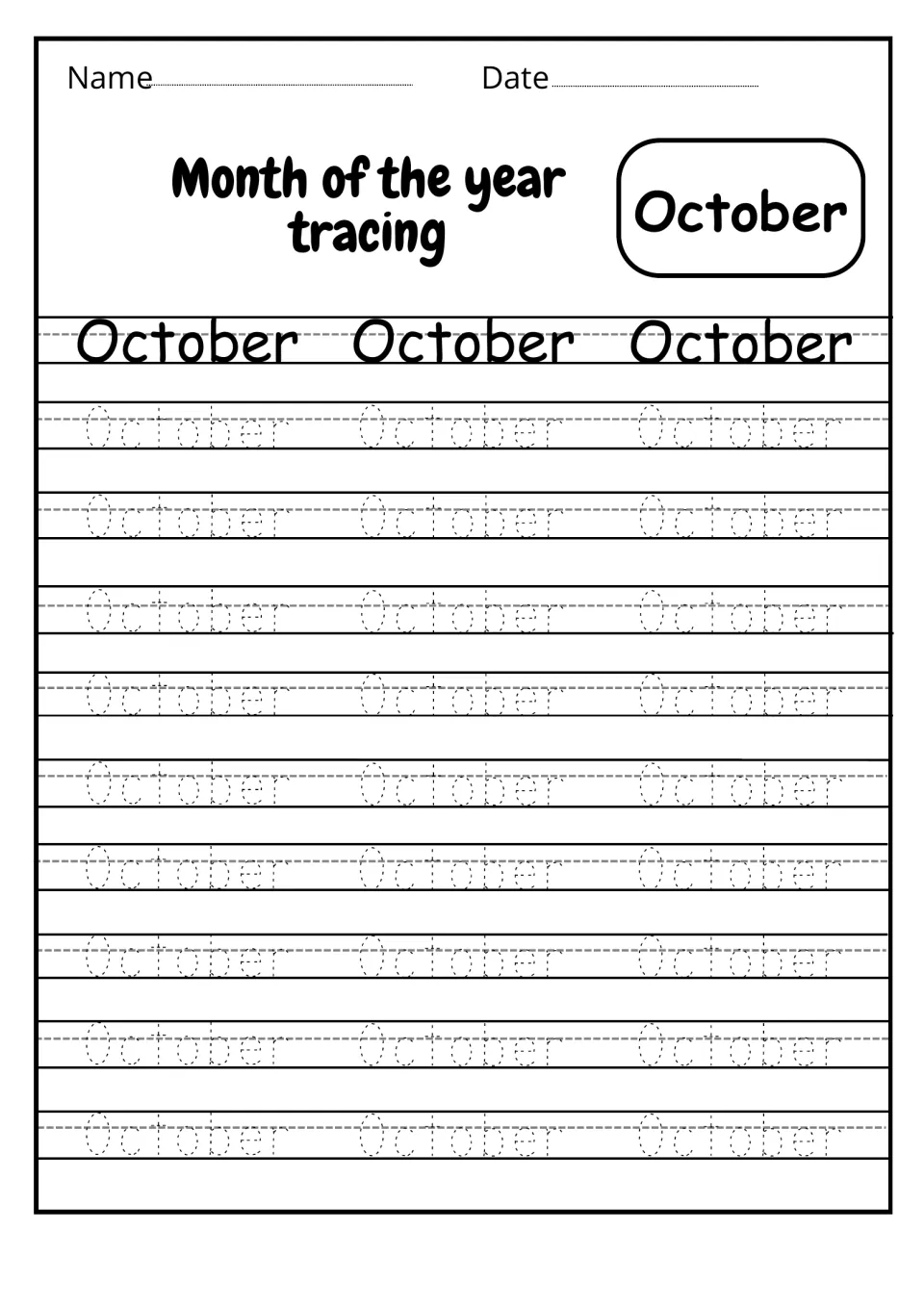 October month-name tracing: students trace October 27 times in dotted print, starting with a round capital O