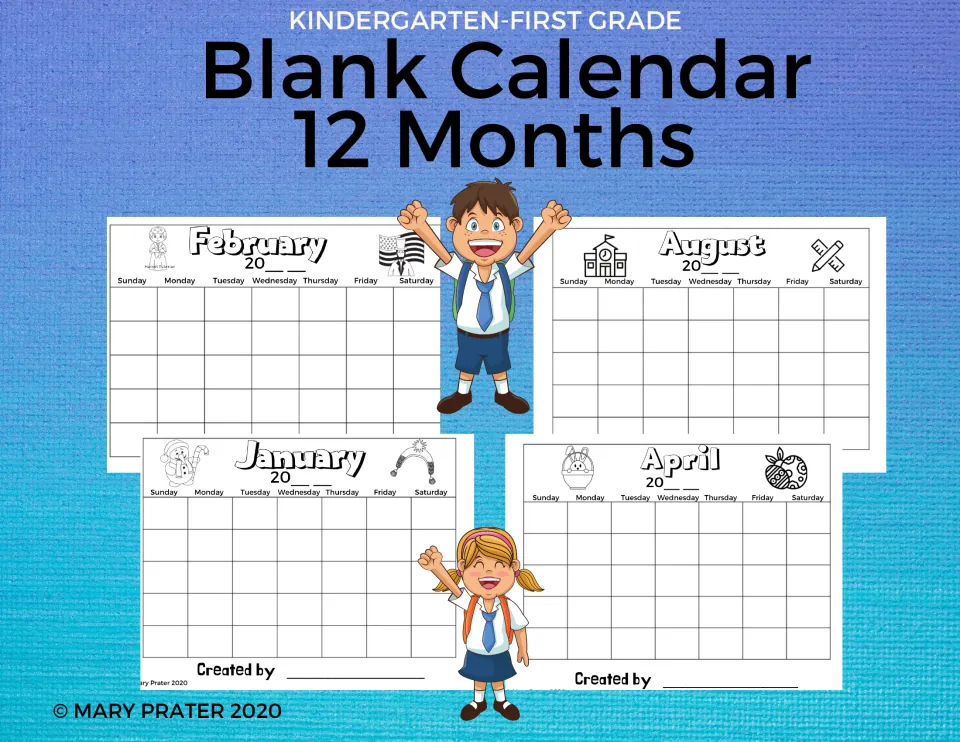 Cover of the 12-month blank calendar set for kindergarten and first grade, showing four sample calendars