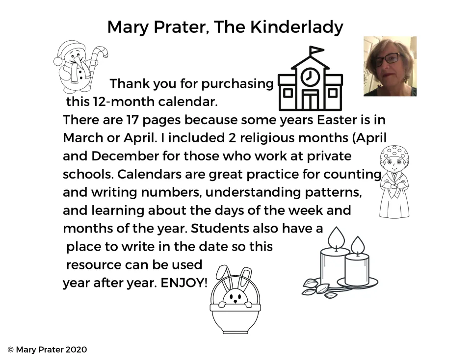 Calendar set introduction explaining 17 pages, alternate holiday months, and counting and number-writing practice