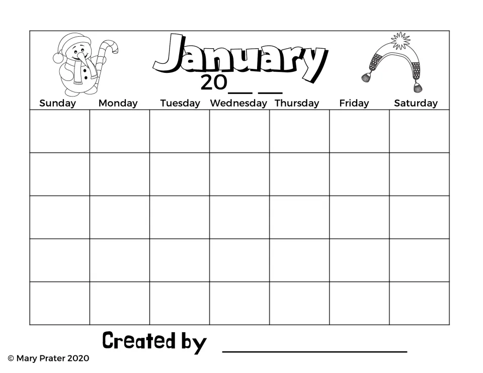 January blank calendar for students to add dates and the year, with Sunday through Saturday labeled