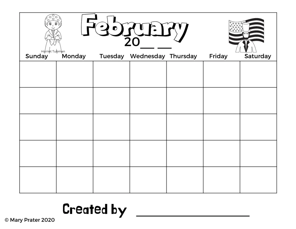 February blank calendar featuring Harriet Tubman and Abraham Lincoln, with space to add dates and the year