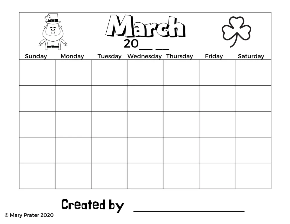 March blank calendar with a St. Patrick's Day theme and labeled weekdays for students to add dates