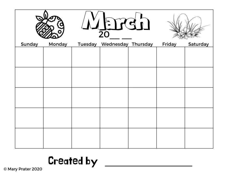 Alternate March blank calendar with an Easter egg theme, labeled weekdays, and a year to complete