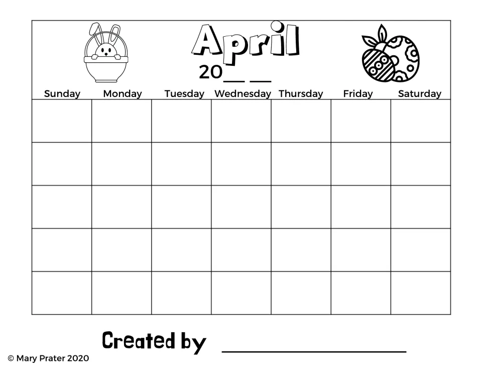 April blank calendar with an Easter bunny and eggs, labeled weekdays, and space to add dates and the year