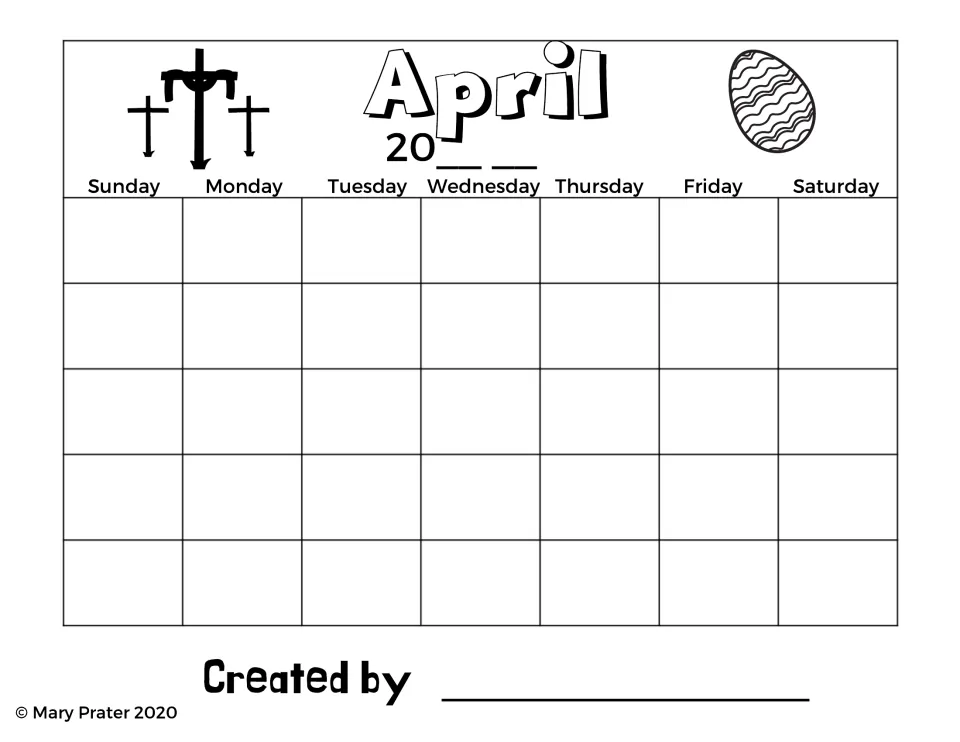 Alternate April blank calendar with Easter crosses and an egg, plus labeled weekdays and an unfinished year