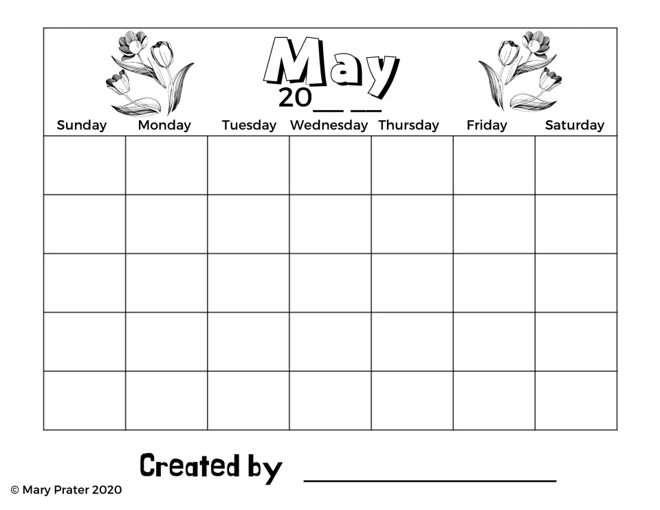 May blank calendar for students to fill in dates and the year, with weekdays labeled Sunday through Saturday