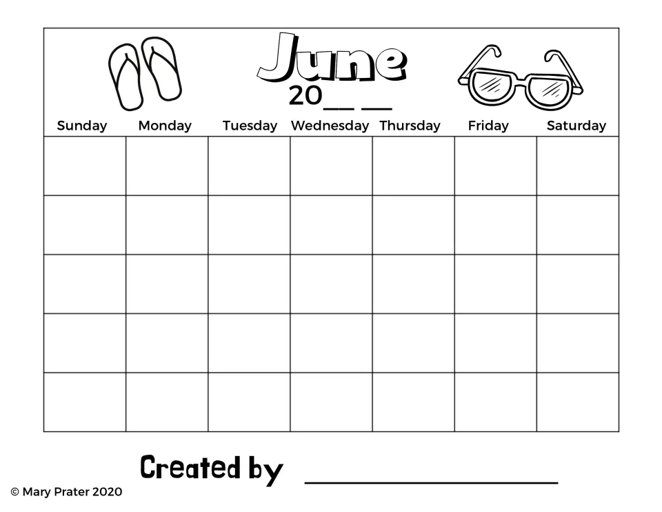 June blank calendar for students to enter dates and the year, with Sunday through Saturday labeled