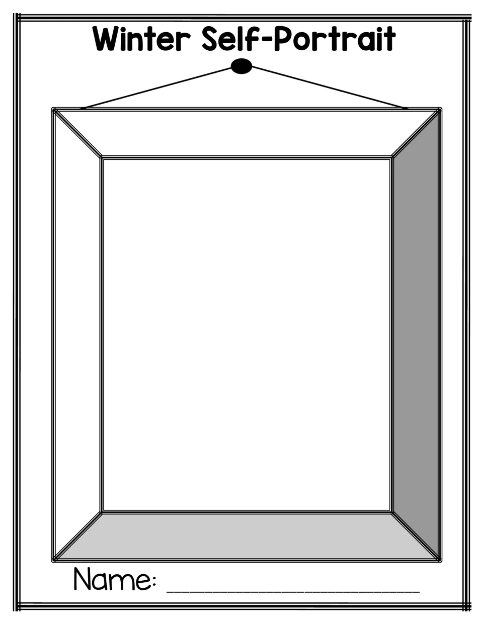 Winter Self-Portrait: children draw how they look this winter inside a hanging picture frame, then add their name