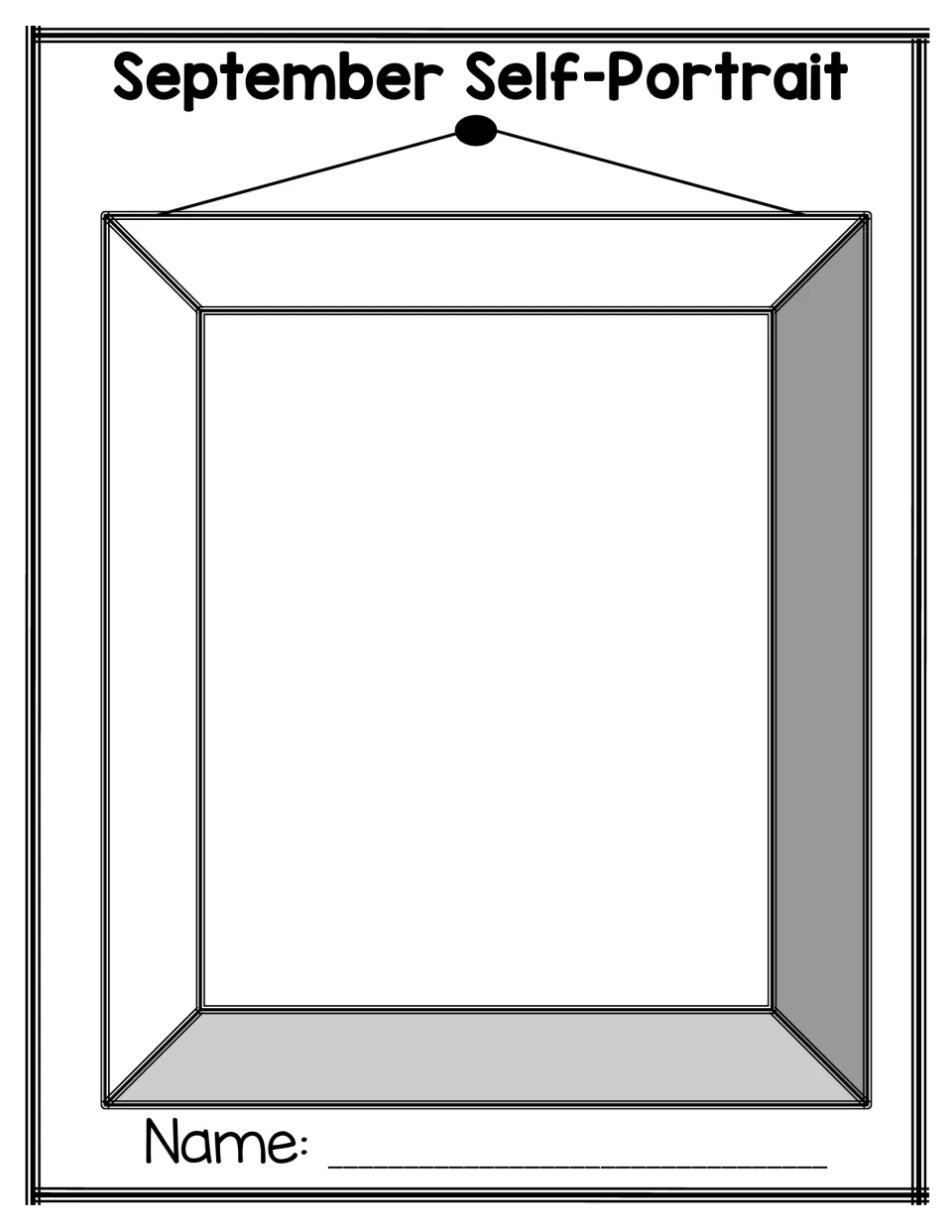 September Self-Portrait: students draw themselves in the empty hanging picture frame and add their name on the line